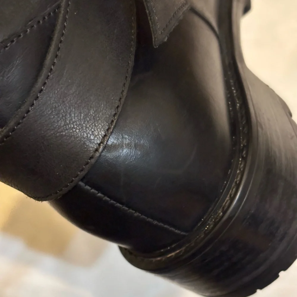 Ross & Snow Black Leather Shearling Lined Moto Boots - Made in Italy Size 8